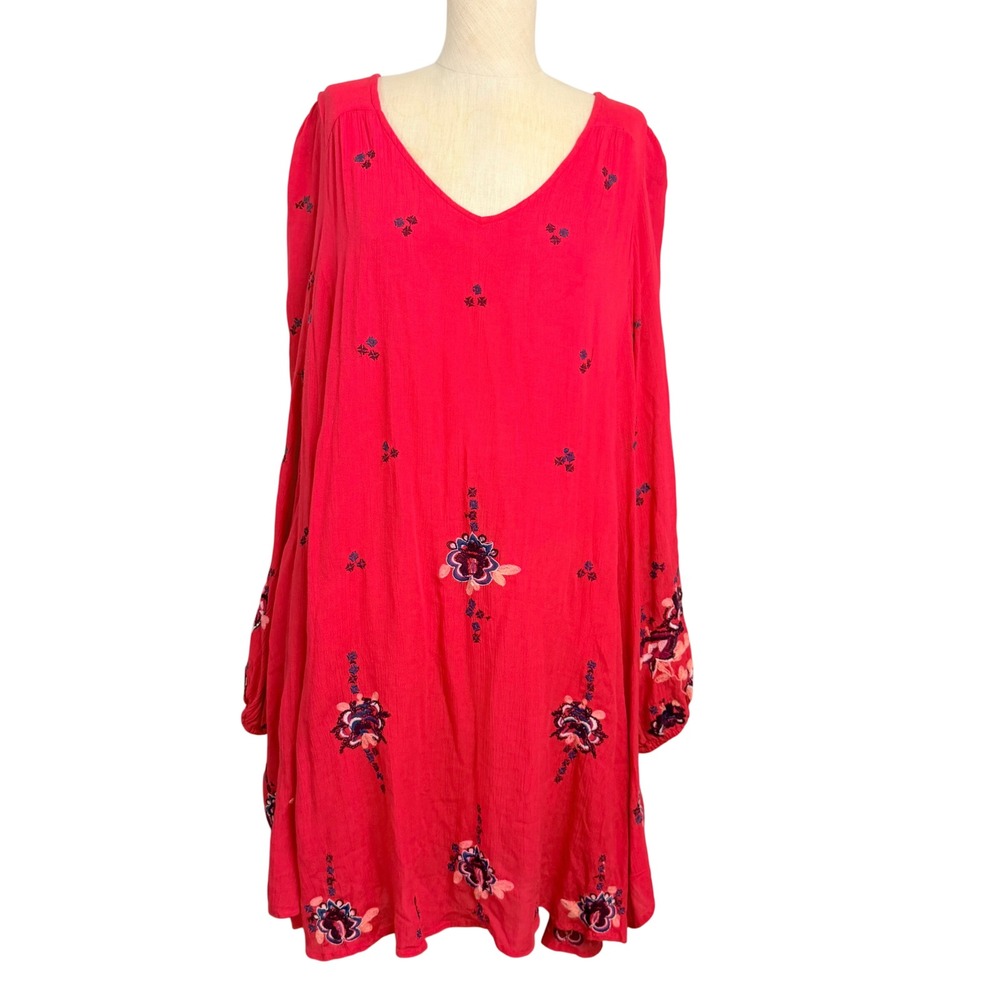 Free People Oxford Red Floral Embroidered Mini Dress Long Sl Open Back‎ Boho L
